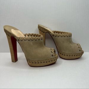 Christian Louboutin Tan Suede Peep-Toe Mules. Size 8
